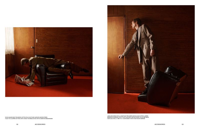 Spread showing a man lying horizontally across a leather armchair on the left and standing next to a tilted armchair on the right