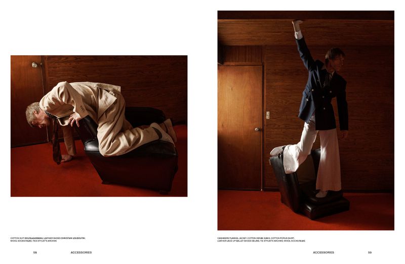 Two editorial fashion images featuring a man posed on a black leather armchair in a wood-paneled room with red flooring for Dapper Dan Magazine