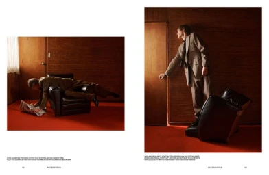 Spread showing a man lying horizontally across a leather armchair on the left and standing next to a tilted armchair on the right