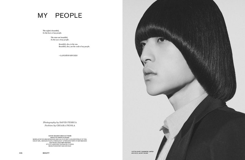 Black and white editorial double-page spread featuring a male model with a blunt bowl-cut hairstyle wearing a dark jacket.
