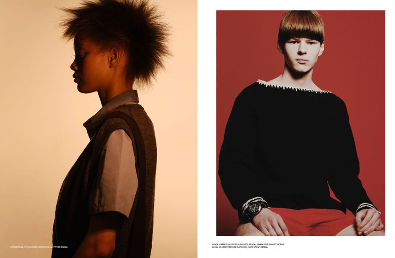 Two fashion portraits in diptych featuring models in studio lighting for Dapper Dan Magazine project My People