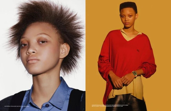 Two portraits of a model with short textured hair in a blue shirt and a red knit top against solid backgrounds for Dapper Dan Magazine