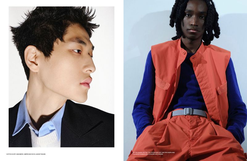 Diptypt fashion editorial featuring two male models in layered clothing against a plain background