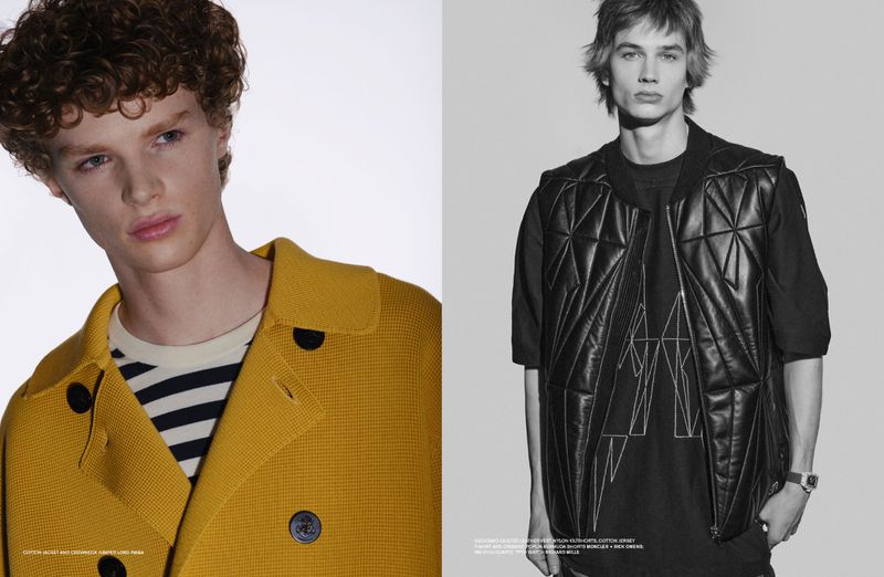 Two male fashion models pose indoors in a split studio shot, one in a yellow jacket and the other in a black vest and shirt.
