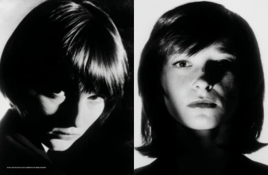 Monochrome diptych of a person with dark hair in dramatic high-contrast lighting from Dapper Dan Magazine.