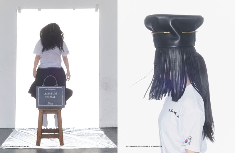 Diptych editorial image featuring a model wearing a white t-shirt, black skirt, and a leather hat covering her face against a bright studio light