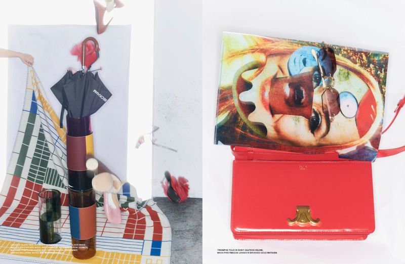 Diptych fashion editorial featuring a stacked glassware sculpture with umbrella and a bright red leather bag with collaged print