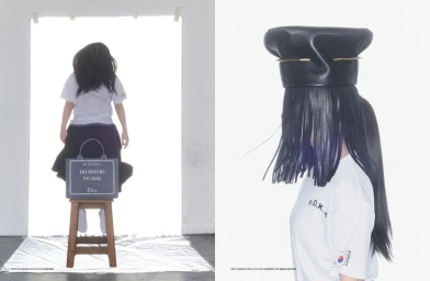 Diptych editorial image featuring a model wearing a white t-shirt, black skirt, and a leather hat covering her face against a bright studio light