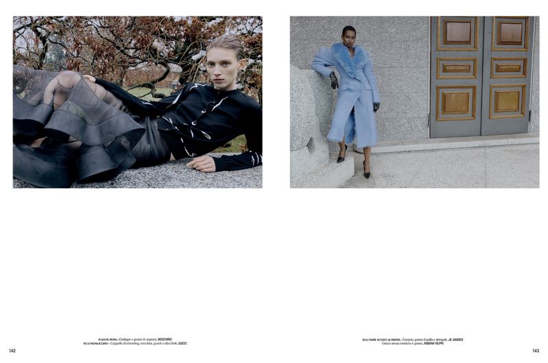 Two fashion editorial panels featuring models in designer apparel outdoors against natural and architectural settings.