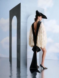 Model wearing a white dress with black bow details and black hat posing next to a grey arch structure with a cloudy sky background.