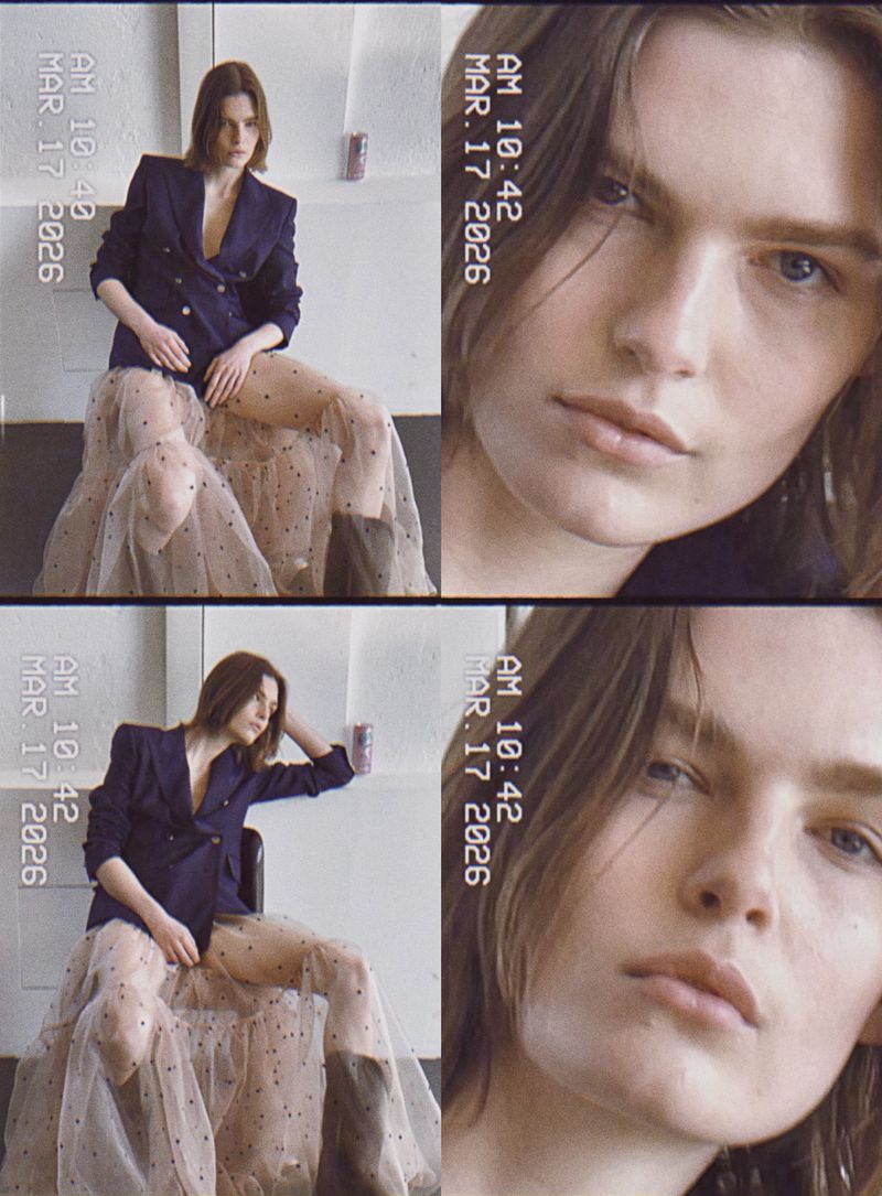 A multi-panel fashion editorial photograph featuring a model in a dark blazer and sheer tulle skirt against a white studio wall.