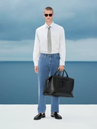Model wearing a white shirt and blue jeans holding a black duffel bag against a coastal backdrop