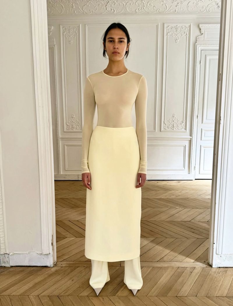Model standing in a room with white panelled walls and wooden parquet floors wearing a long sleeve top, skirt and trousers.