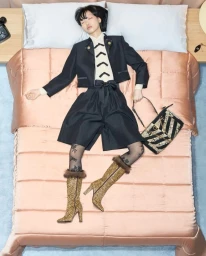 Model lying flat on a quilted peach bed wearing a dark jacket, patterned tights, and leopard print boots holding a handbag.