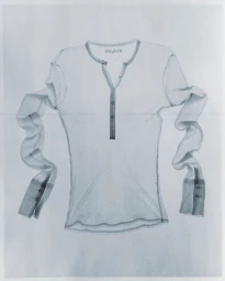 Detailed pencil or charcoal sketch of a long-sleeve henley shirt with button placket centred on a plain white paper background.