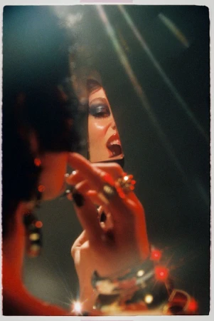 Close-up of a woman applying lipstick while looking into a mirror in a dramatic, dark setting with light flares.