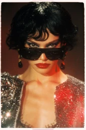 Close-up portrait of a woman wearing dark sunglasses, red lipstick, black bob hairstyle, and sequin jacket against a dark background.