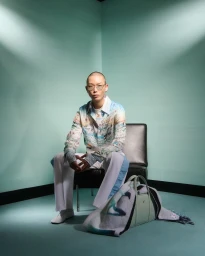 Model seated on a black chair against a pale turquoise corner wall wearing patterned shirt and white trousers