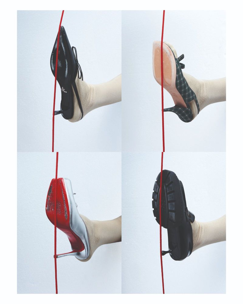 Four different women's heels and legs are positioned against a white background, each intersected by a red rope from the top down.