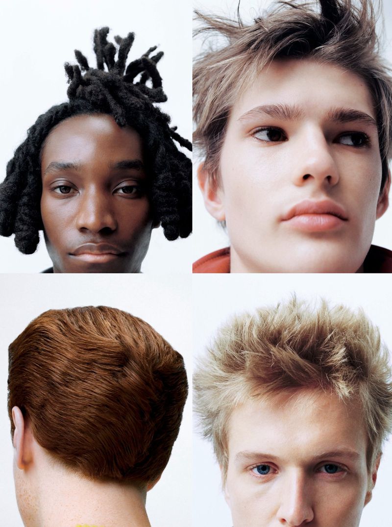 Four-panel beauty portrait layout showing close-up shots of diverse male models with distinct hairstyles against a plain background