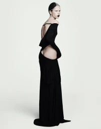 Model in a long black evening gown looking back over her shoulder against a plain white studio background.