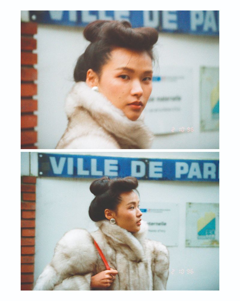 Split-frame portrait of an Asian woman with an updo hairstyle wearing a textured white fur coat and holding a red strap.
