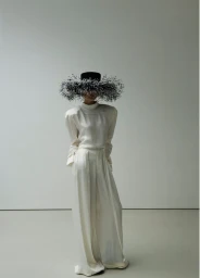 Model wearing a white satin blouse and wide-leg trousers with a feathered wide-brim hat in a studio.