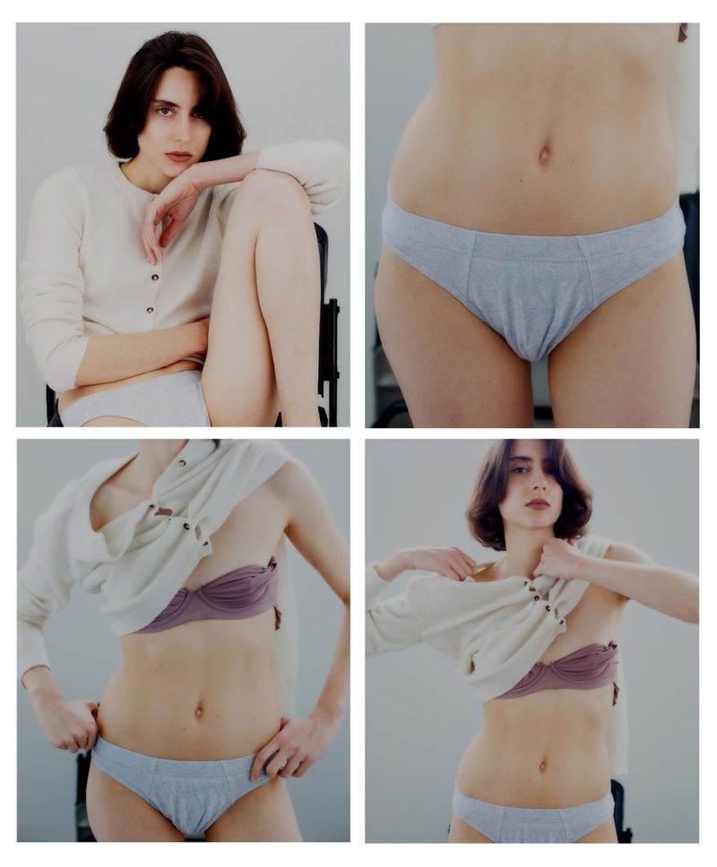 Four-panel editorial photo featuring a woman modeling a white cardigan, purple bra, and grey briefs against a plain grey background