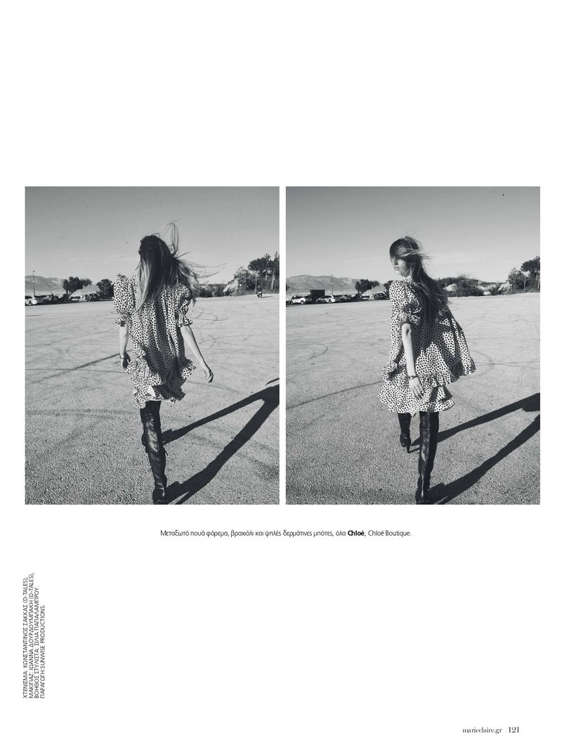 Black and white editorial diptych of a model in a patterned dress walking outdoors on pavement under a bright sky