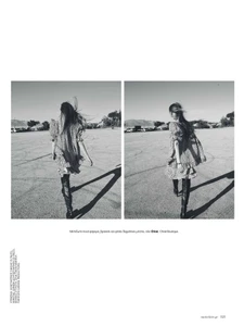 Black and white editorial diptych of a model in a patterned dress walking outdoors on pavement under a bright sky