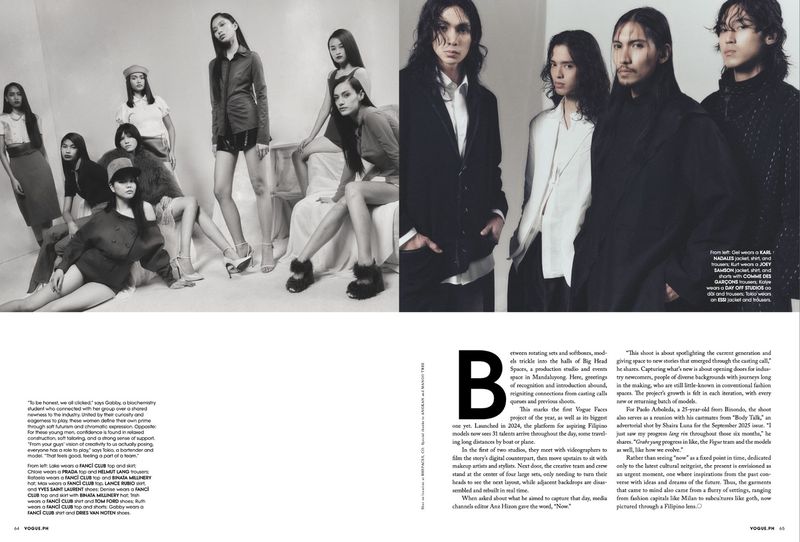 Editorial magazine layout showing groups of models in stylish contemporary apparel against plain studio backgrounds for Vogue Philippines.