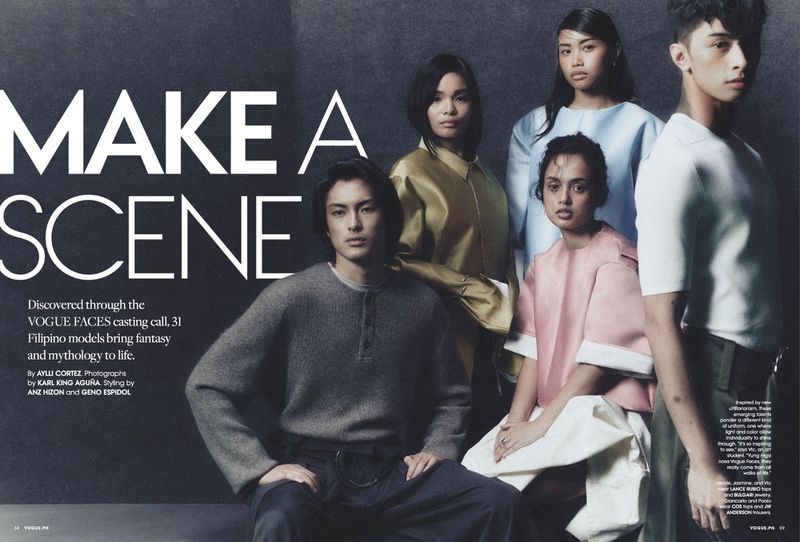 Group of five Filipino models posing in a studio for Vogue Philippines Make A Scene editorial, shot by Karl King Aguña.