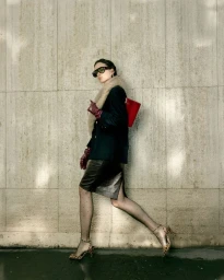 Model in dark sunglasses, fur collar, and dark coat walking past a stone wall for Harper's Bazaar Vietnam city girl project.