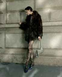 Model in dark faux fur coat and patterned tights leaning against a stone building exterior holding a metallic handbag