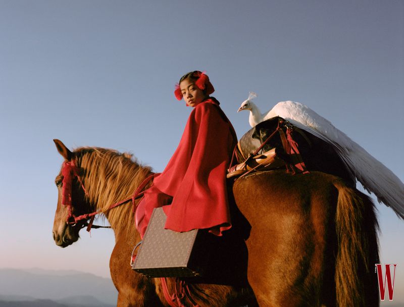 Young woman in a red cape riding a brown horse with a white peacock and monogram luggage against an open sky