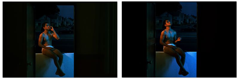 Diptyque showing a shirtless man seated in an open doorway at night under dramatic blue and warm interior lighting for Vogue China Men.
