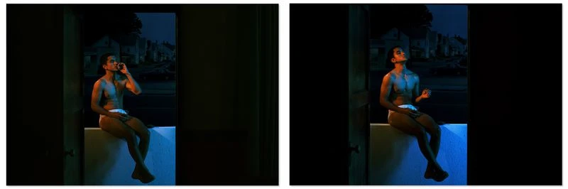 Diptyque showing a shirtless man seated in an open doorway at night under dramatic blue and warm interior lighting for Vogue China Men.