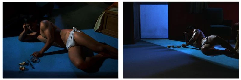Man reclining on a blue carpeted floor in swimwear with dramatic side lighting for Vogue China Men project off the ice