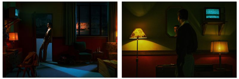 Diptych image showing a man standing in a moody hotel room with cinematic lighting and a small television showing static.