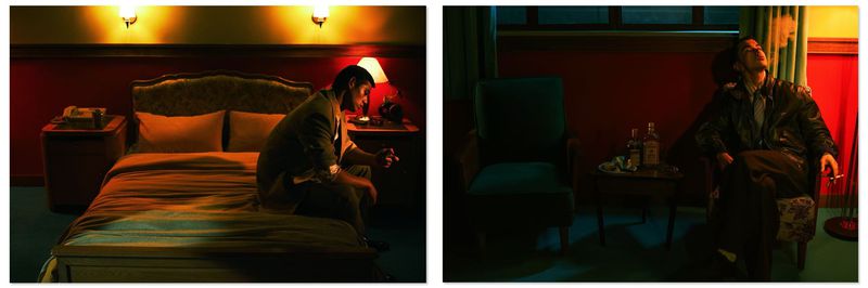 Two side-by-side film stills featuring a man in a moody hotel room with red walls and warm lamp lighting.