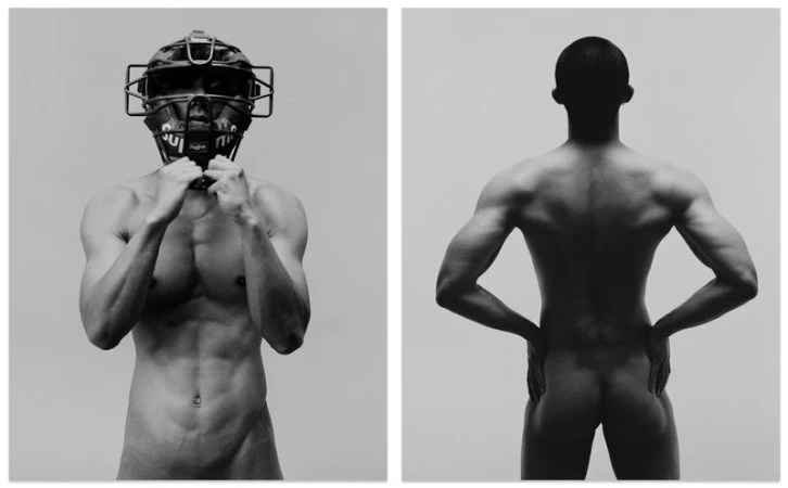 Diptyque monochrome portrait of a shirtless male athlete wearing a catcher's mask against a light grey background.