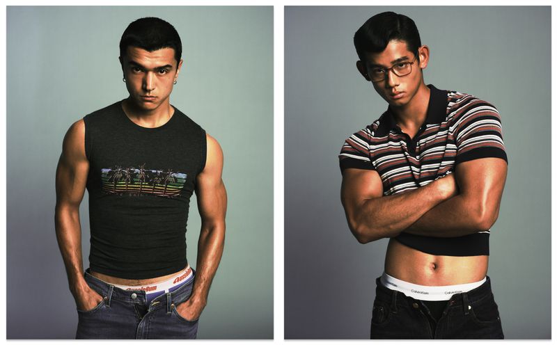 Two portraits of male models posing against a grey background for the off the ice project by Vogue China Men.
