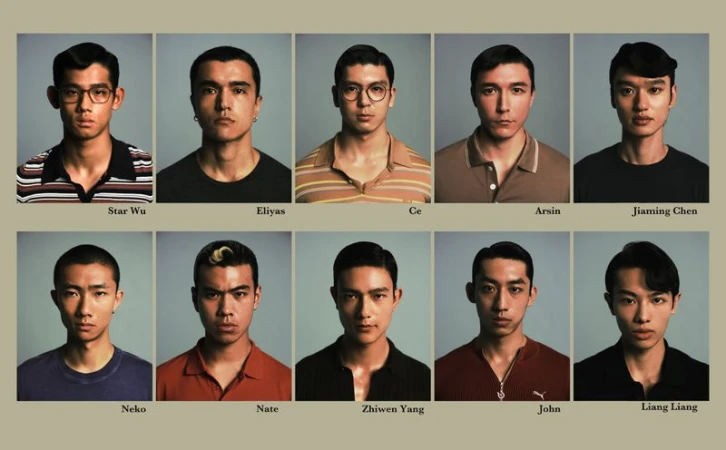 Ten portraits of Asian men arranged in a grid with names underneath against a grey background for Vogue China Men.