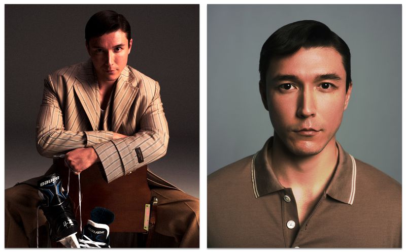 Portrait of a man in a beige polo shirt and a striped suit holding ice skates for Vogue China Men photographed by Leslie Zhang