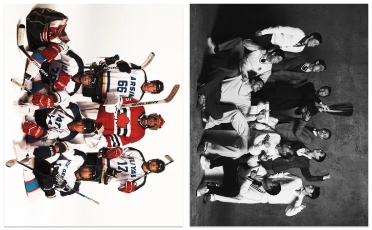 A diptych editorial photograph showing hockey players in full gear on the left and posed in formal knitwear on the right.