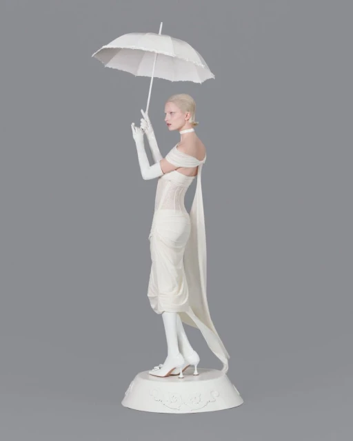 Elegant woman in white dress, wearing gloves, stands with matching umbrella on a gray backdrop. Fashion editorial photography.