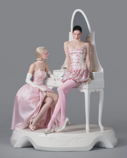 Two models pose in pink dresses with white heels alongside an ornate vanity with a mirror against a soft gray studio backdrop.