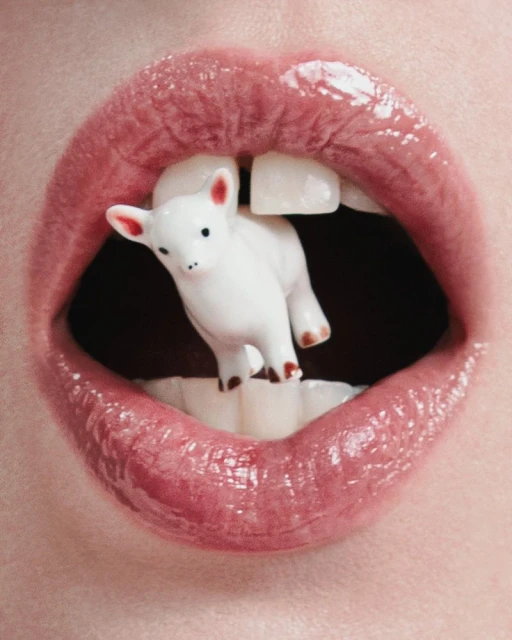 Close-up of an open mouth with pink glossy lips and white teeth, holding a small white toy lamb figurine.