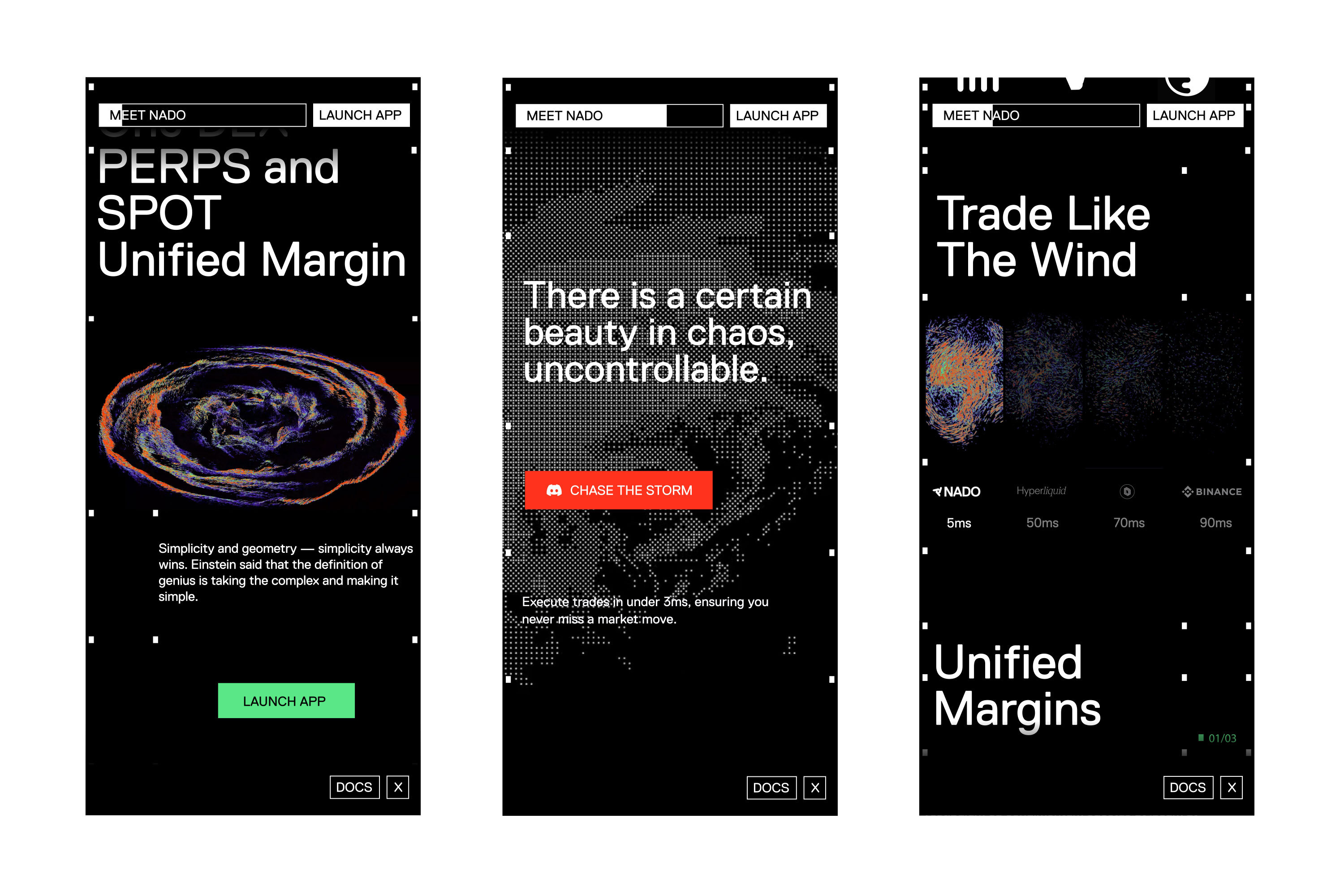 Three mobile app screen mockups displaying UI layouts with dark backgrounds, white typography, and colourful data visualisations