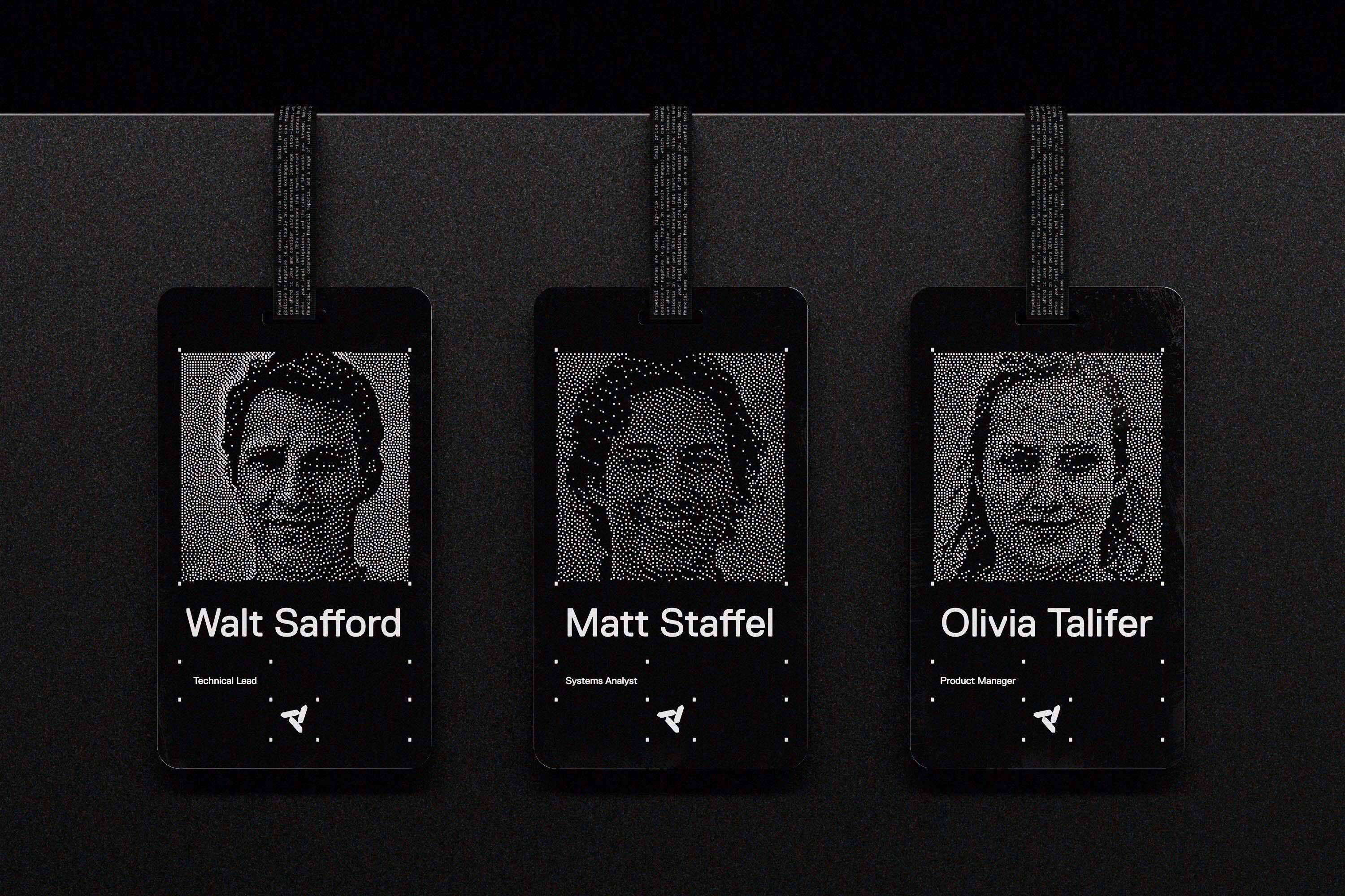 Three black ID badges hanging in a row displaying stippled portraits and names for NADO brand identity.